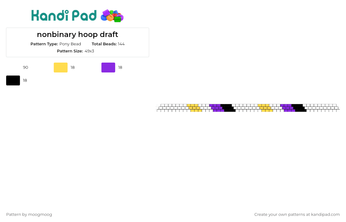 nonbinary hoop draft - Pony Bead Pattern by moogmoog on Kandi Pad - nonbinary,pride,hoop,bracelet,cuff,self-expression,acceptance,diversity,strength,yellow,purple,white