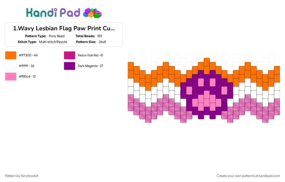 Final - Wavy Lesbian Flag Paw Print Cuff /Small 26 - Pony Bead Pattern by fairyboydoll on Kandi Pad - flag, lesbian, lgbtq, paw, pride