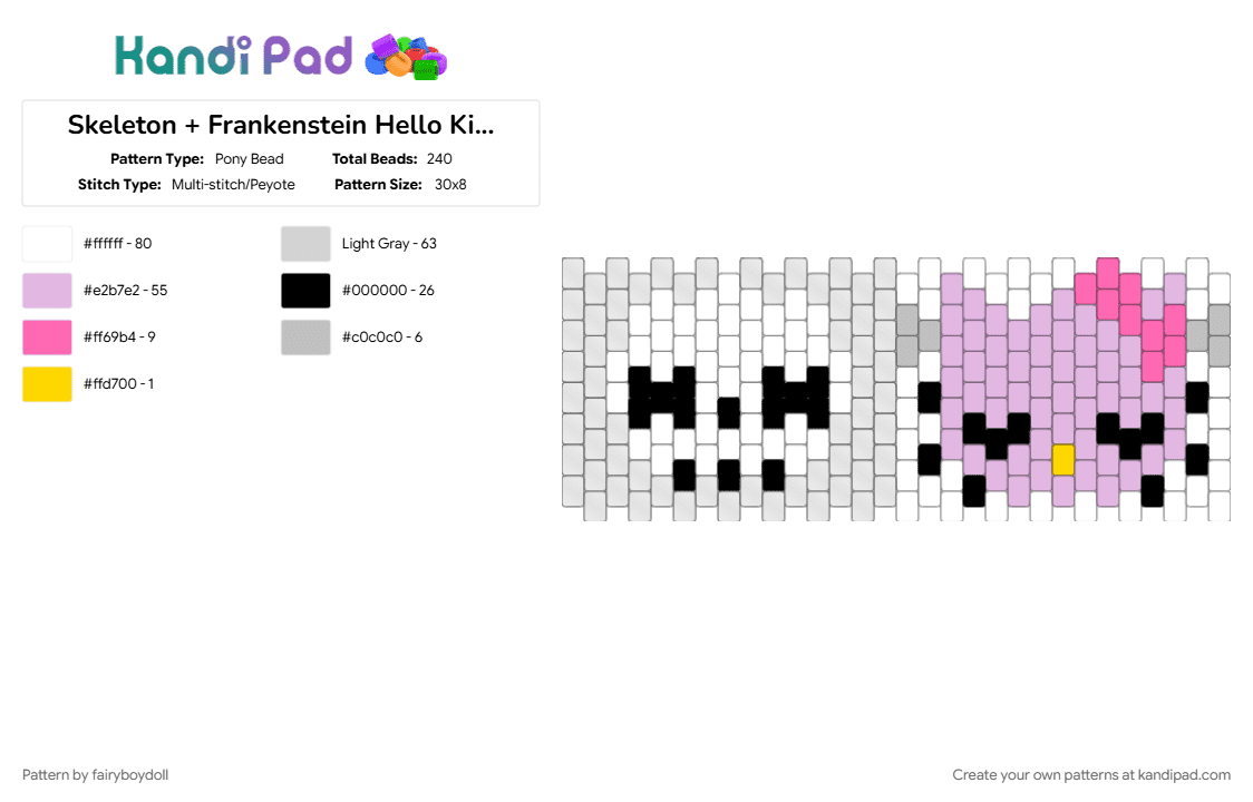 Skeleton + Frankenstein Hello Kitty Cuff /Medium 30 - Pony Bead Pattern by fairyboydoll on Kandi Pad - frankenstein, halloween, hello kitty, pink, skeleton, spooky, white