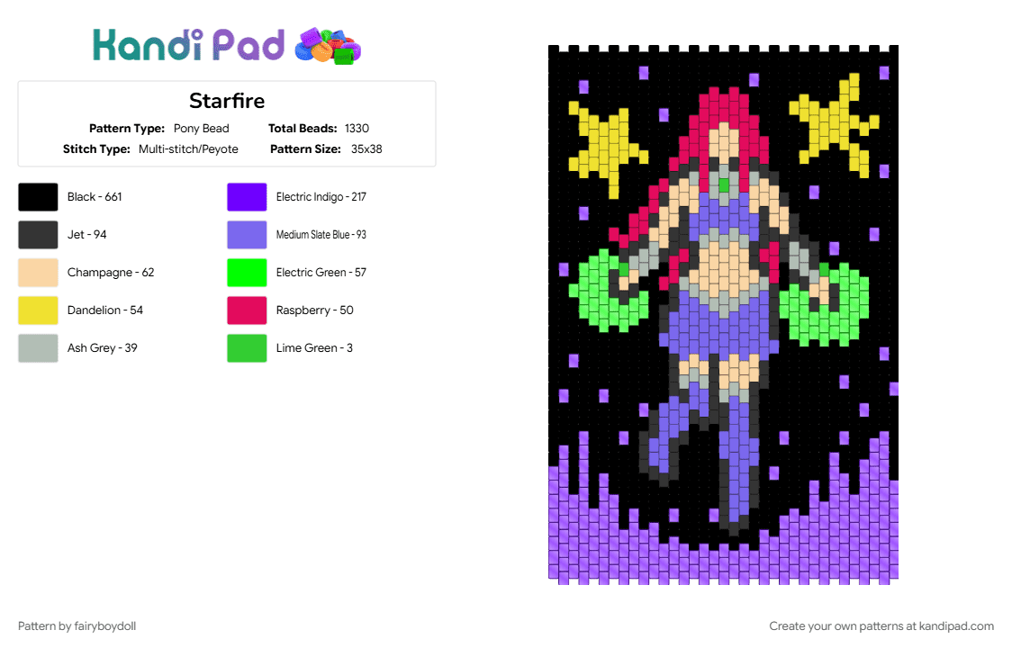 Starfire - Pony Bead Pattern by fairyboydoll on Kandi Pad - beige, black, blue, purple, starfire, teen titans