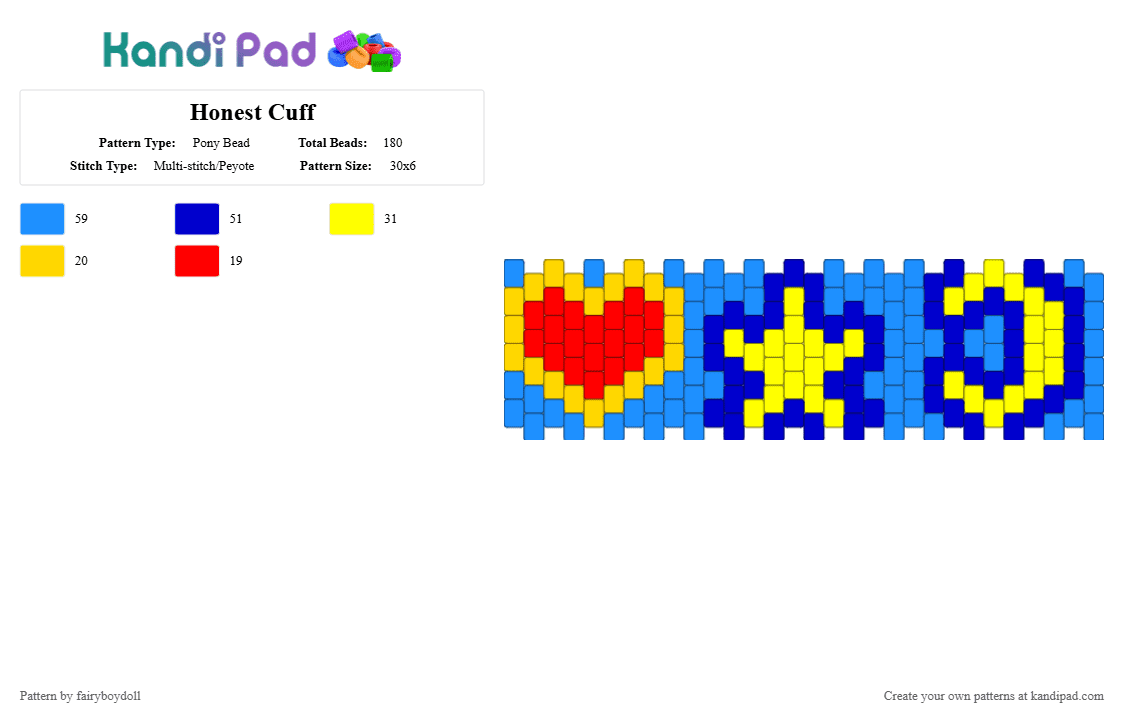Honest Cuff /Medium 30 - Pony Bead Pattern by fairyboydoll on Kandi Pad - heart, light blue, moon, purple, star, yellow