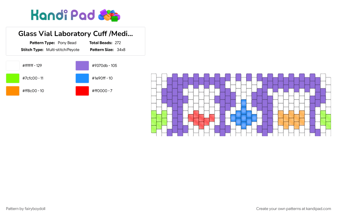 Glass Vial Laboratory Cuff /Medium 34 - Pony Bead Pattern by fairyboydoll on Kandi Pad - cotdglass, glass, lab, potion, purple, science, white