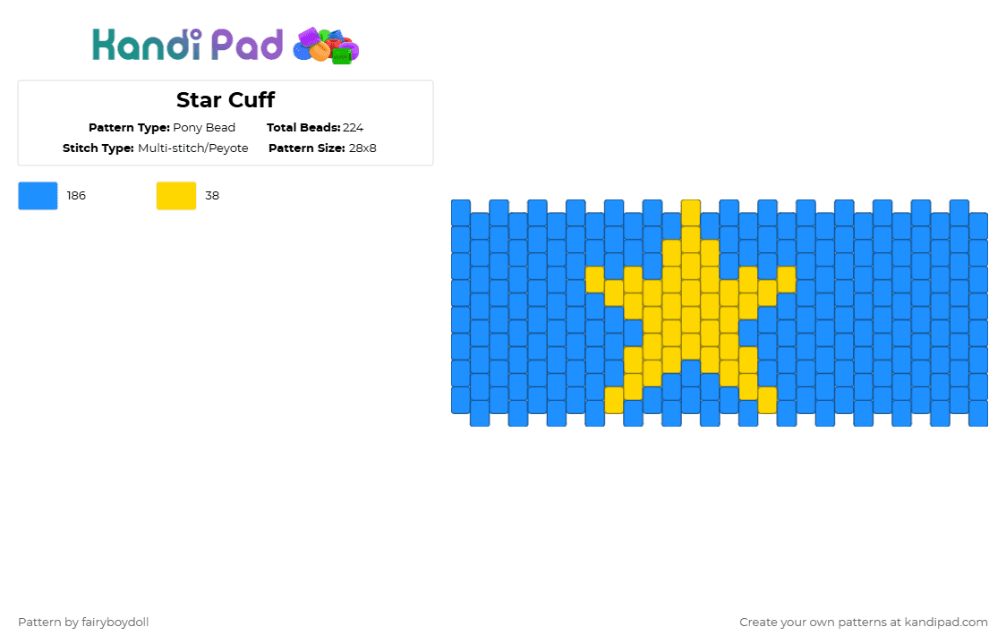 Star Cuff /Small 28 - Pony Bead Pattern by fairyboydoll on Kandi Pad - light blue,star