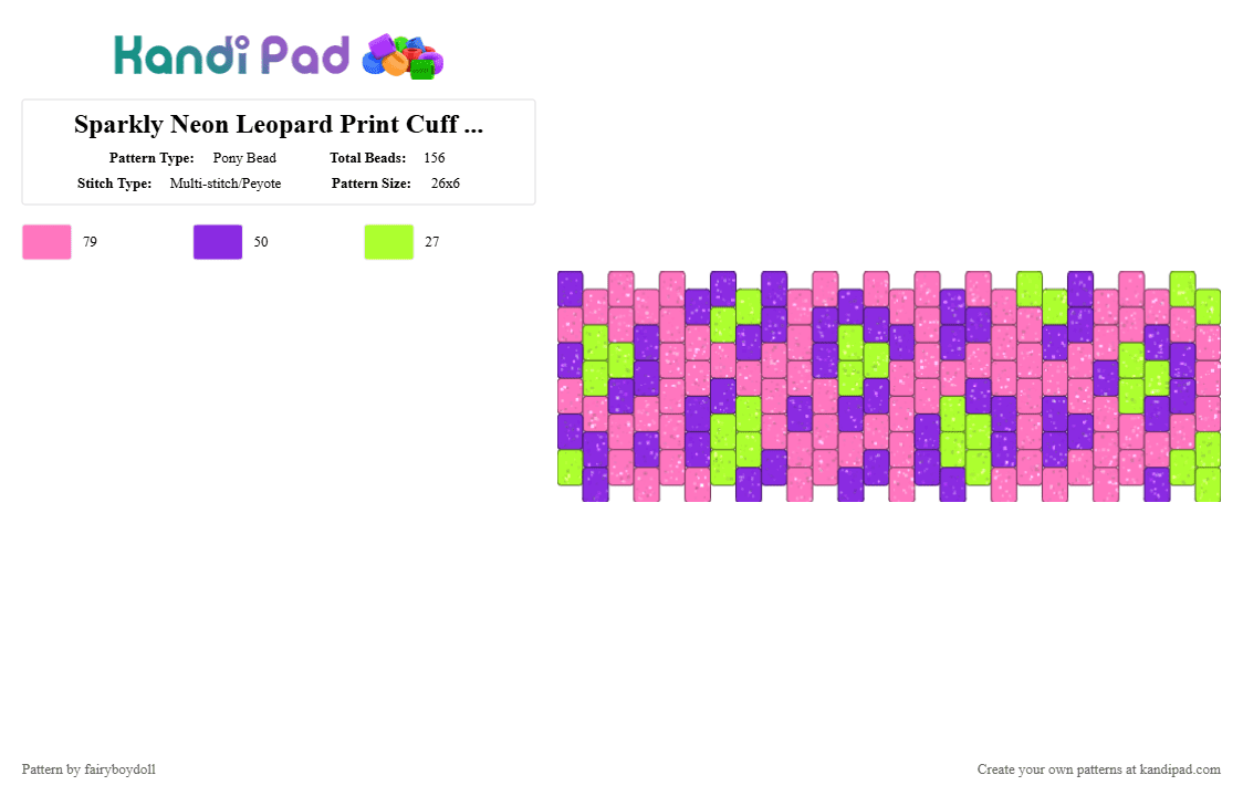 Sparkly Neon Leopard Print Cuff /Small 26 - Pony Bead Pattern by fairyboydoll on Kandi Pad - animal print, fur, glitter, leopard, pink, purple, sparkly