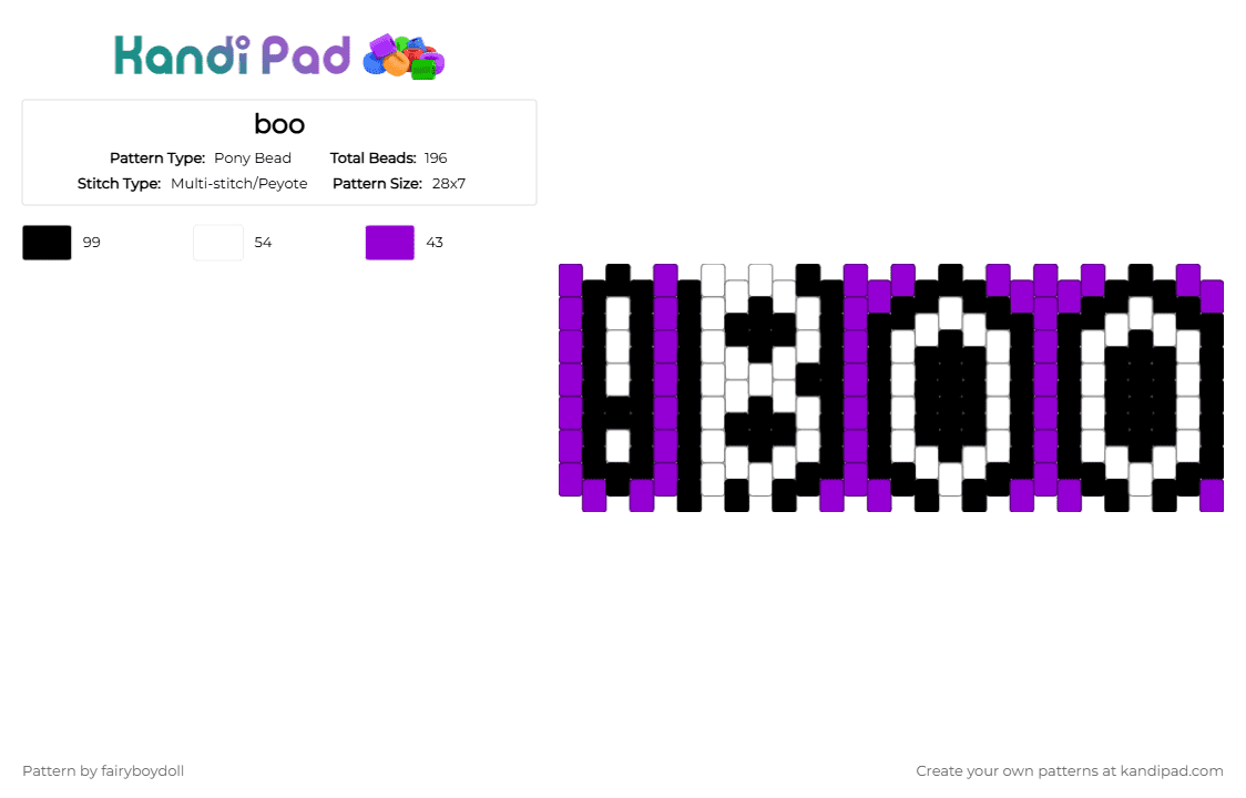 BOO! Cuff /Small 28 - Pony Bead Pattern by fairyboydoll on Kandi Pad - boo, halloween, purple, white