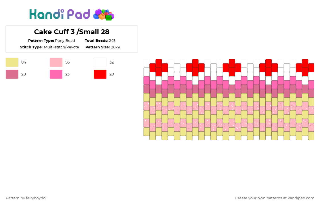 Cake Cuff 3 /Small 28 - Pony Bead Pattern by fairyboydoll on Kandi Pad - pink,yellow