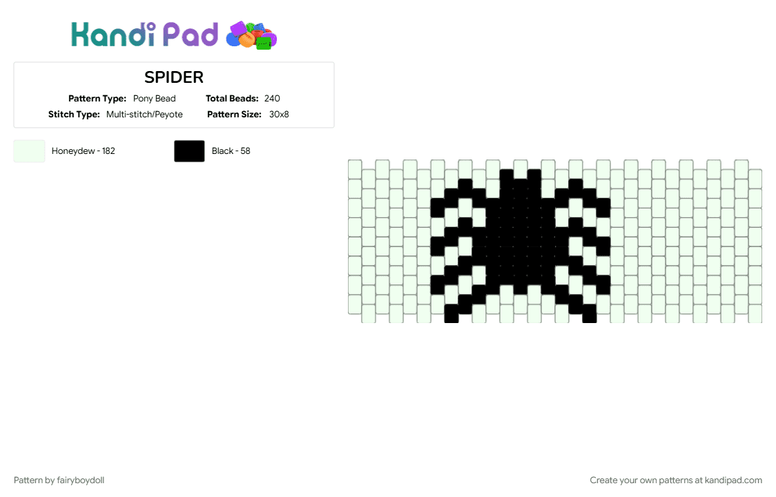 SPIDER Cuff /Medium 30 - Pony Bead Pattern by fairyboydoll on Kandi Pad - bug, halloween, spider, spooky, white