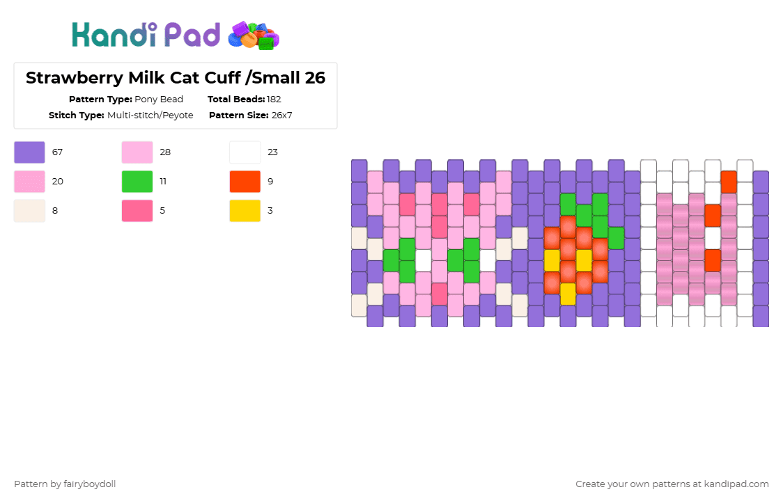Strawberry Milk Cat Cuff /Small 26 - Pony Bead Pattern by fairyboydoll on Kandi Pad - purple,pink,strawberry,milk,cat,food