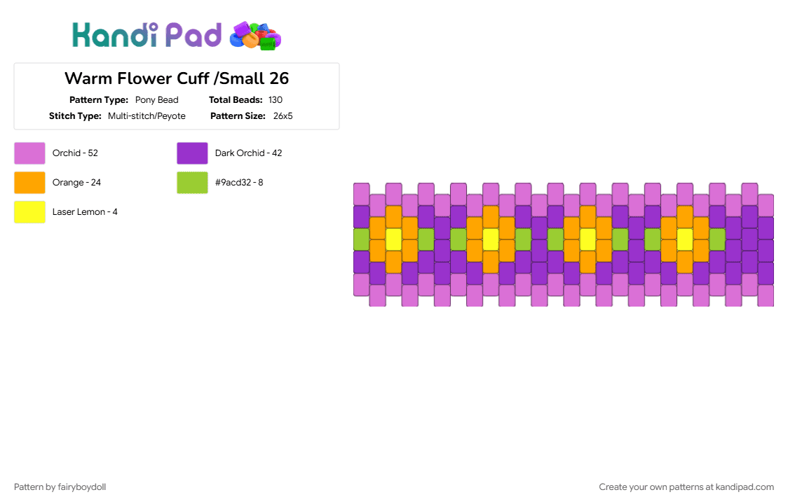 Warm Flower Cuff /Small 26 - Pony Bead Pattern by fairyboydoll on Kandi Pad - cute, daphne, flower, pink, purple, scooby doo, warm