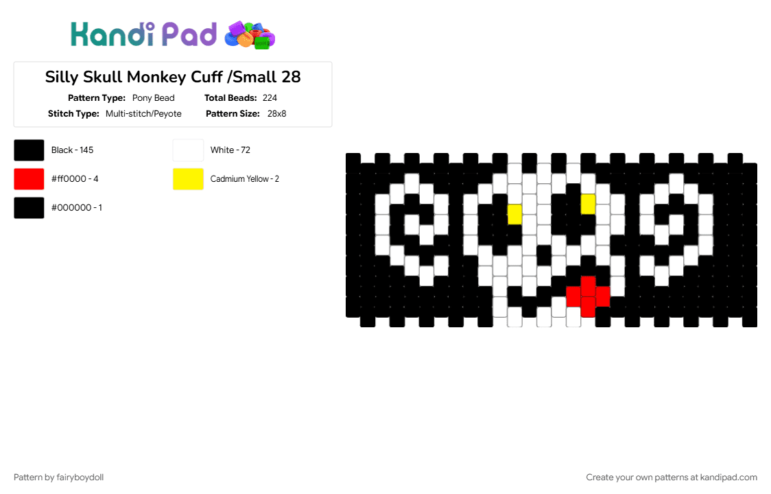 Silly Skull Monkey Cuff /Small 28 - Pony Bead Pattern by fairyboydoll on Kandi Pad - black, halloween, red, white, yellow
