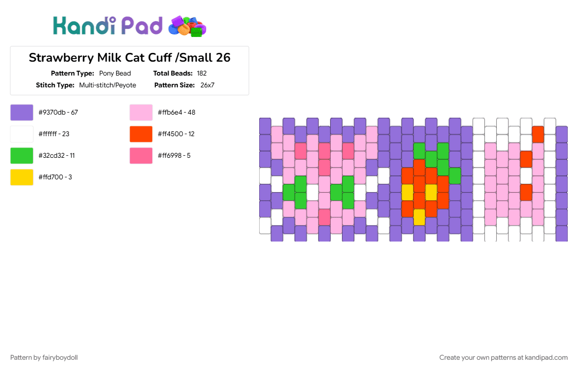Strawberry Milk Cat Cuff /Small 26 - Pony Bead Pattern by fairyboydoll on Kandi Pad - cat, food, milk, pink, purple, strawberry
