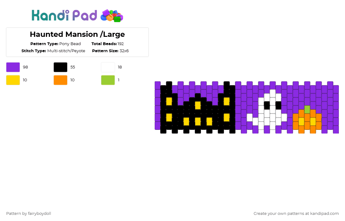 Haunted Mansion Cuff /Medium 32 - Pony Bead Pattern by fairyboydoll on Kandi Pad - purple,halloween,spooky,ghost,jackolantern,haunted house