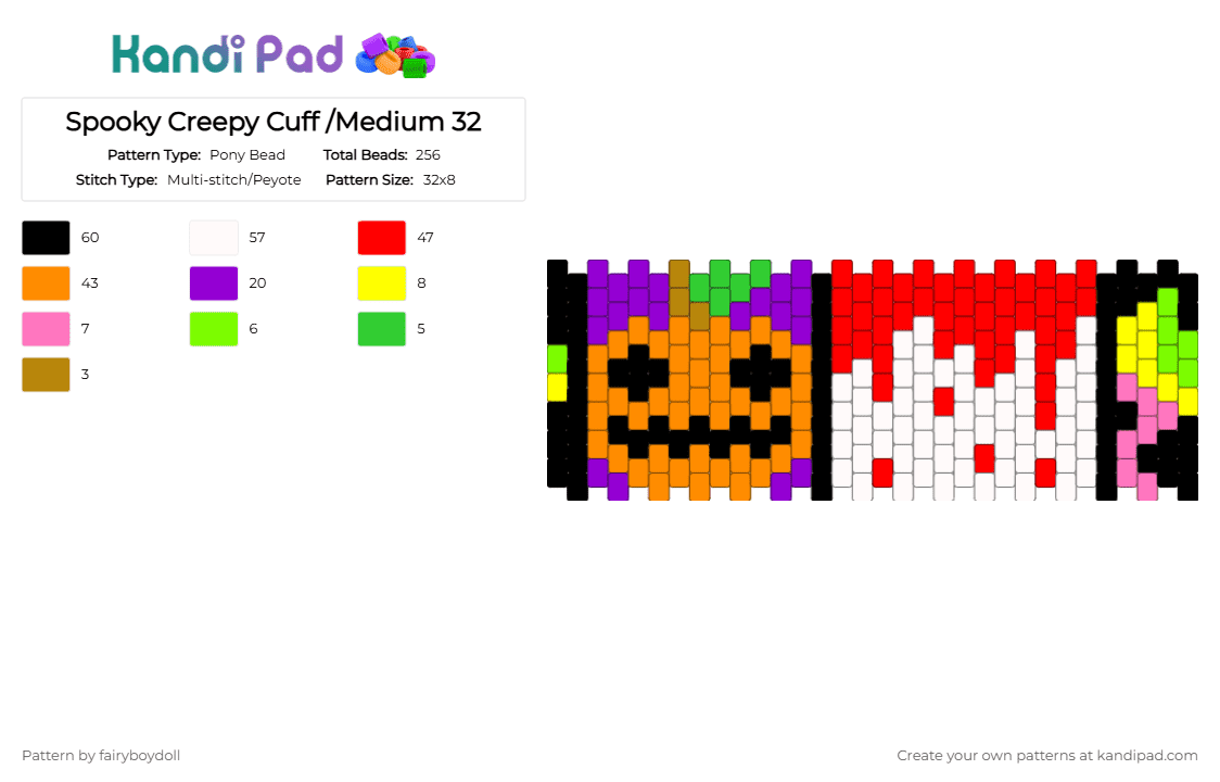 Spooky Creepy Cuff /Medium 32 - Pony Bead Pattern by fairyboydoll on Kandi Pad - bloody, creepy, eyeball, halloween, jackolantern, orange, pumpkin, purple, red, spooky