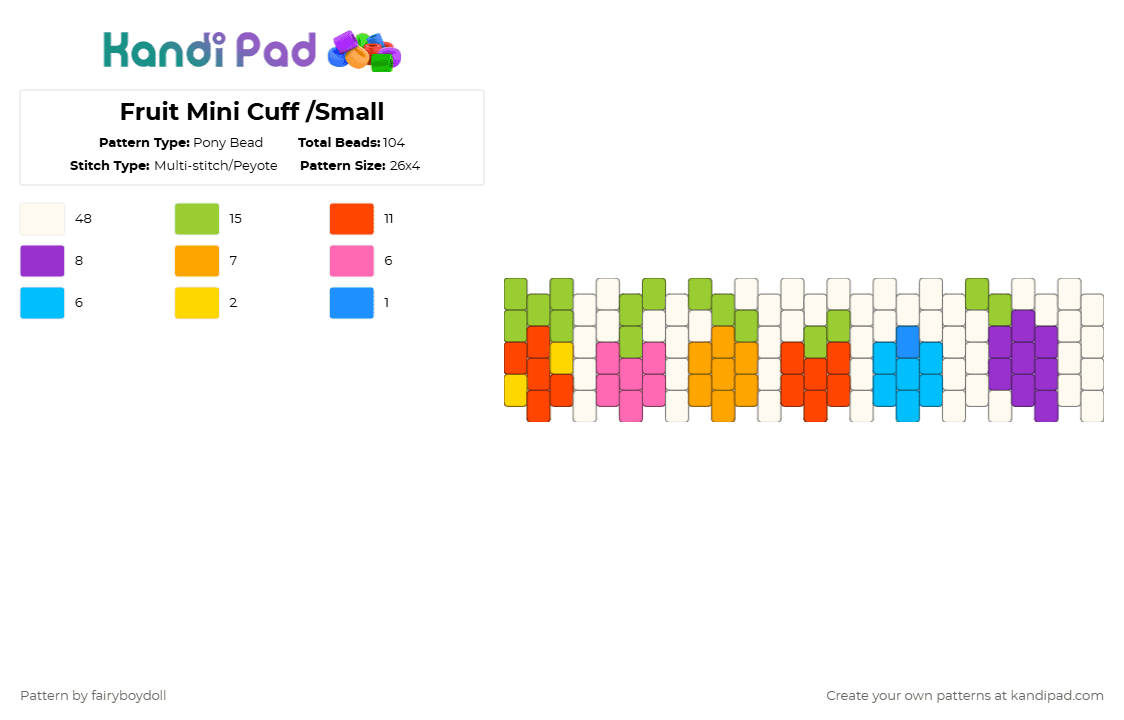 Fruit Mini Cuff /Small 26 - Pony Bead Pattern by fairyboydoll on Kandi Pad - white,red,green,purple,fruit,food,cute