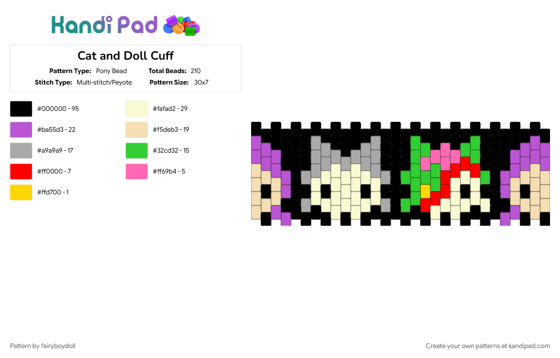 Cat and Doll Cuff - Pony Bead Pattern by fairyboydoll on Kandi Pad - beige, black, pink