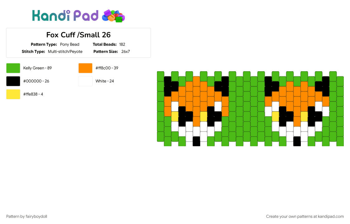Fox Cuff /Small 26 - Pony Bead Pattern by fairyboydoll on Kandi Pad - fox, green