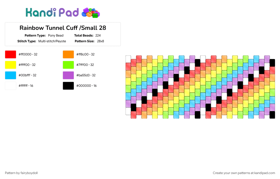 Rainbow Tunnel Cuff /Small 28 - Pony Bead Pattern by fairyboydoll on Kandi Pad - colorful, green, orange, pink, rainbow