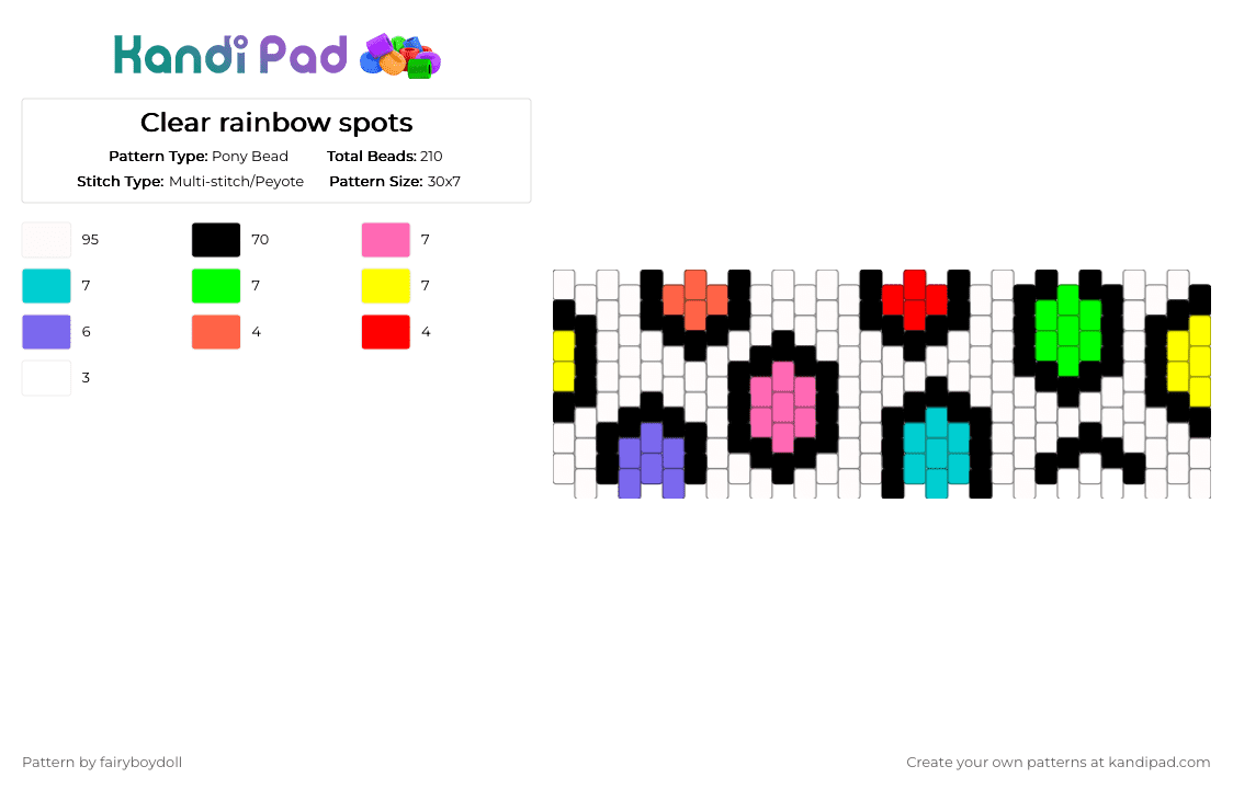 Clear Rainbow Spots /Medium 30 - Pony Bead Pattern by fairyboydoll on Kandi Pad - clown, colorful, green, pattern, pink, spots, white