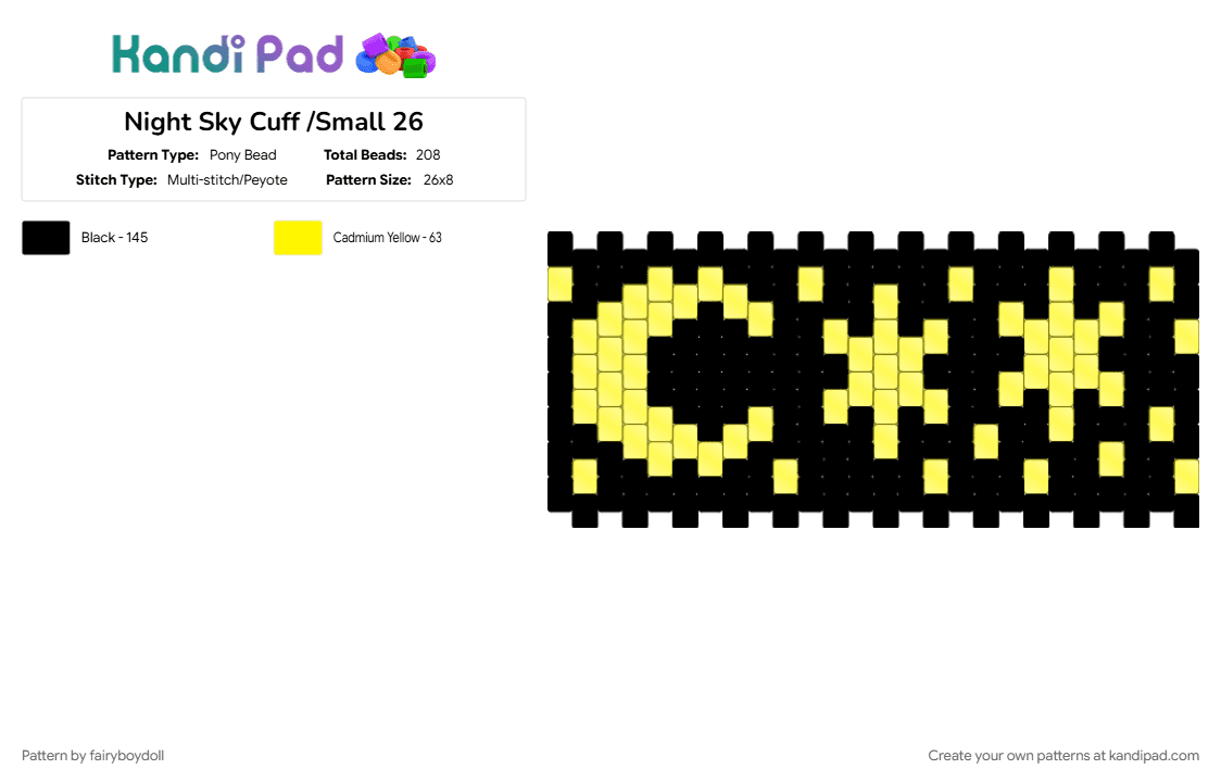 Night Sky Cuff /Small 26 - Pony Bead Pattern by fairyboydoll on Kandi Pad - black, moon, night, sky, star, yellow