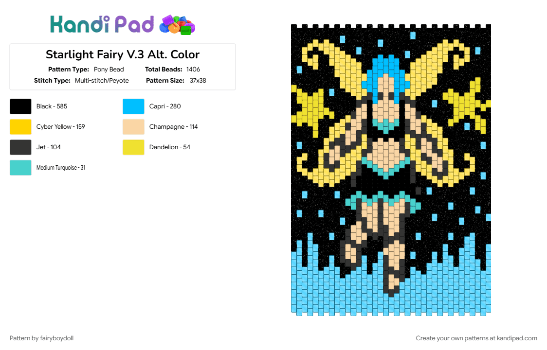Starlight Fairy V.3 Alt. Color - Pony Bead Pattern by fairyboydoll on Kandi Pad - light blue, yellow