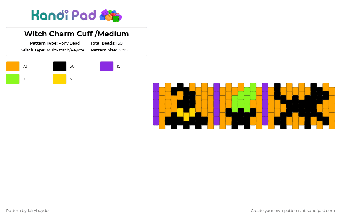 Witch Charm Cuff /Medium 30 - Pony Bead Pattern by fairyboydoll on Kandi Pad - orange,witch,hat,cauldron,cat,halloween