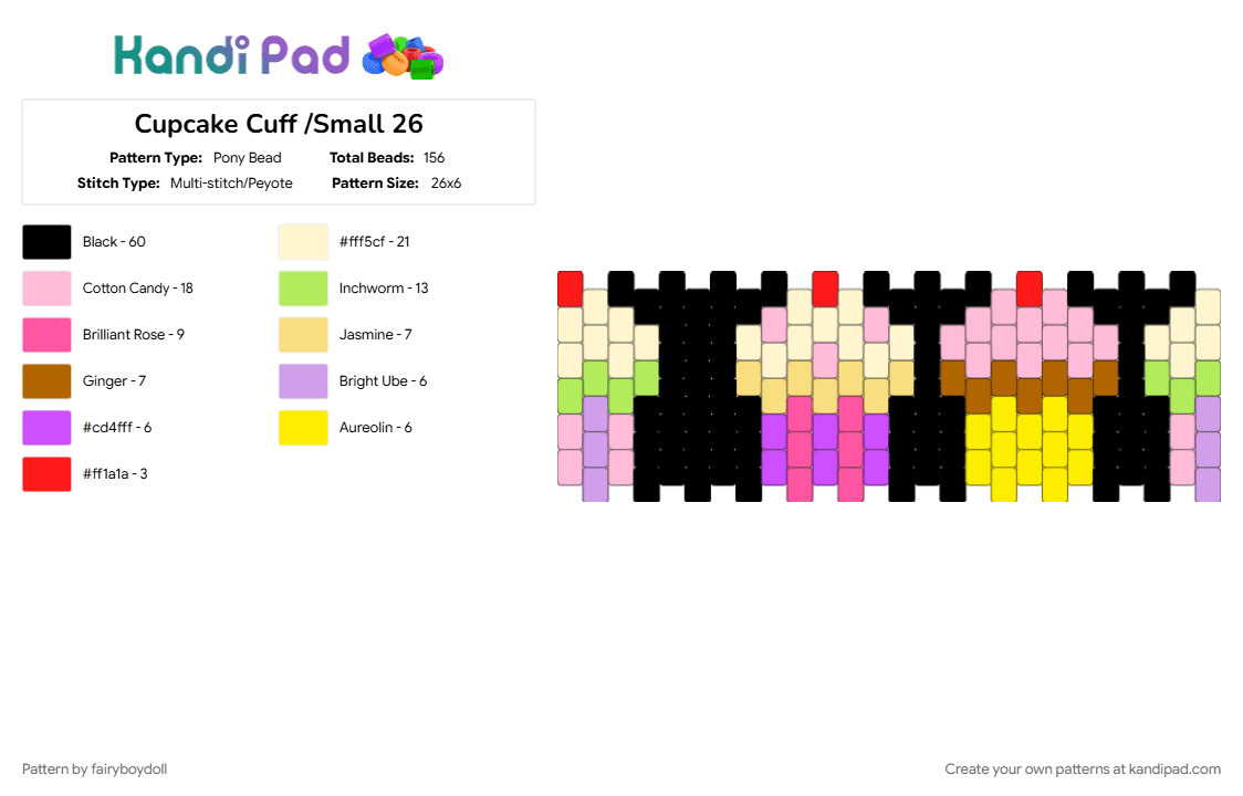 Cupcake Cuff /Small 26 - Pony Bead Pattern by fairyboydoll on Kandi Pad - cupcake, dessert, food, pink, sweet, yellow