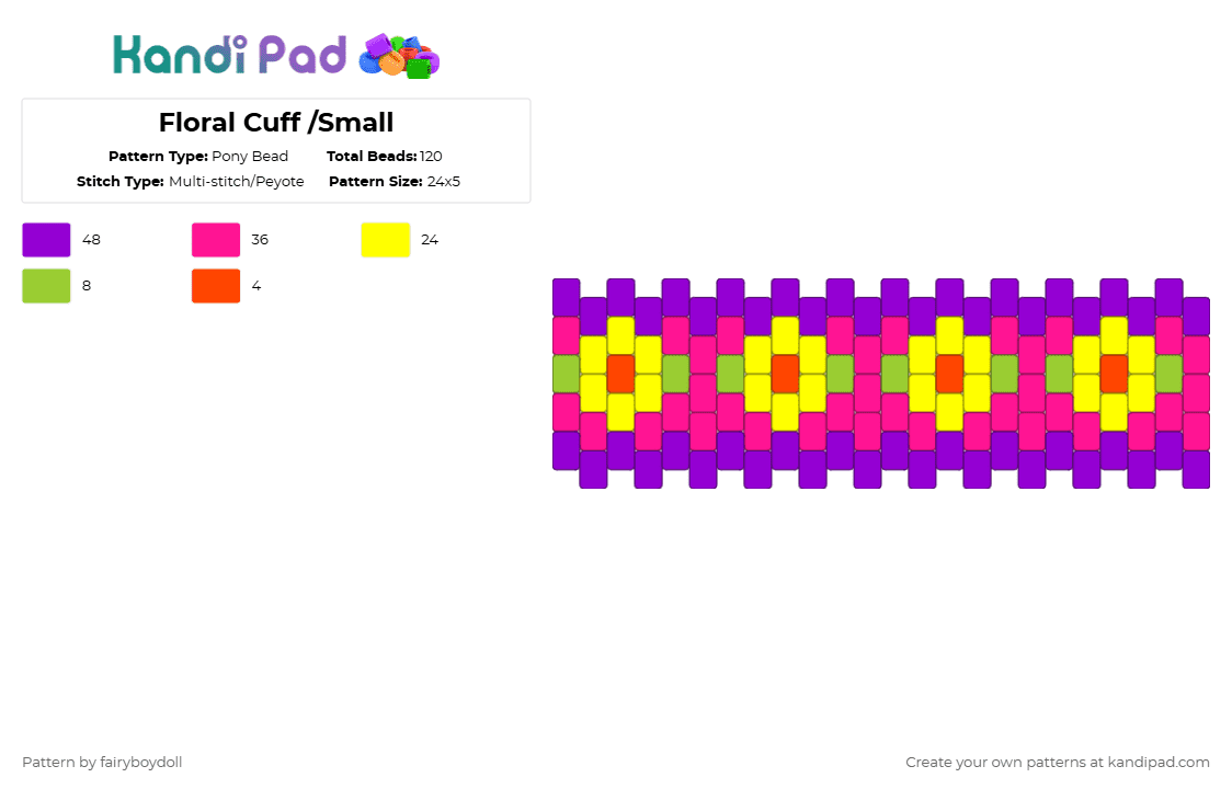 Floral Cuff /Small 24 - Pony Bead Pattern by fairyboydoll on Kandi Pad - purple,yellow,pink,flower