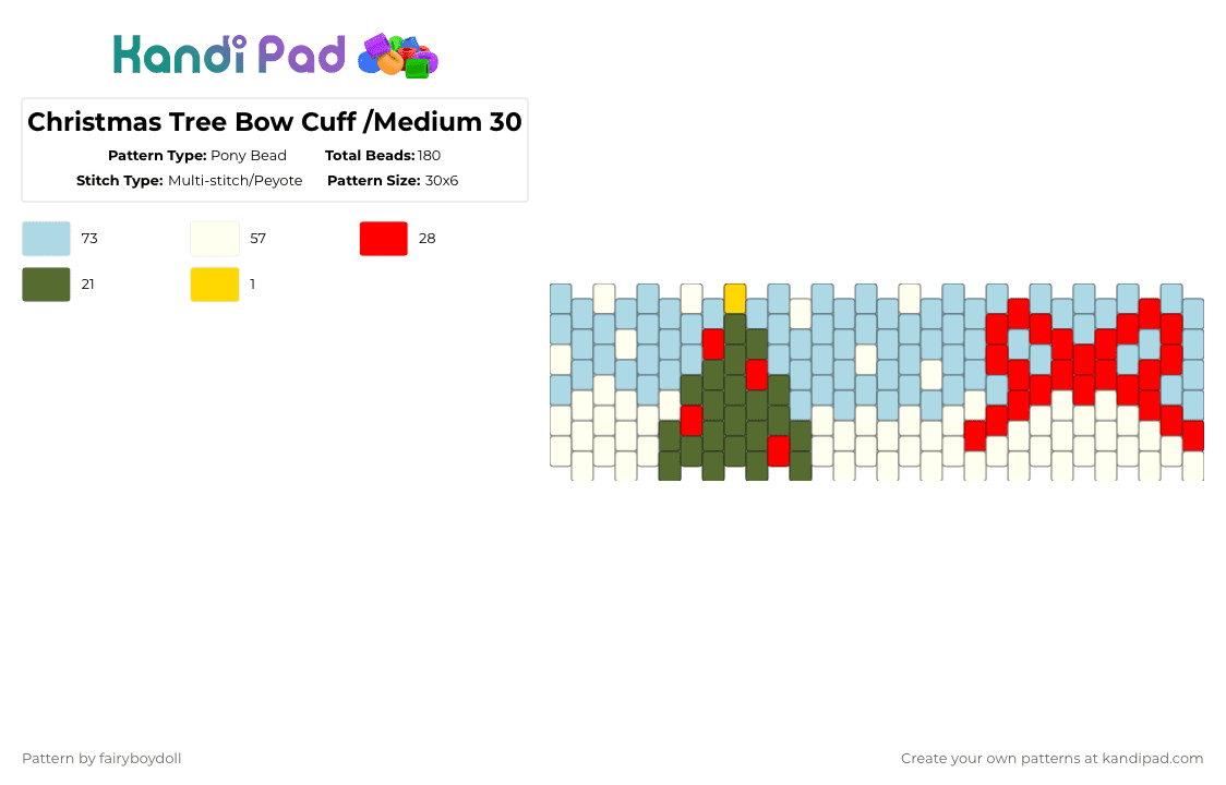 Christmas Tree Bow Cuff /Medium 30 - Pony Bead Pattern by fairyboydoll on Kandi Pad - light blue,christmas,christmas tree,bow,snow