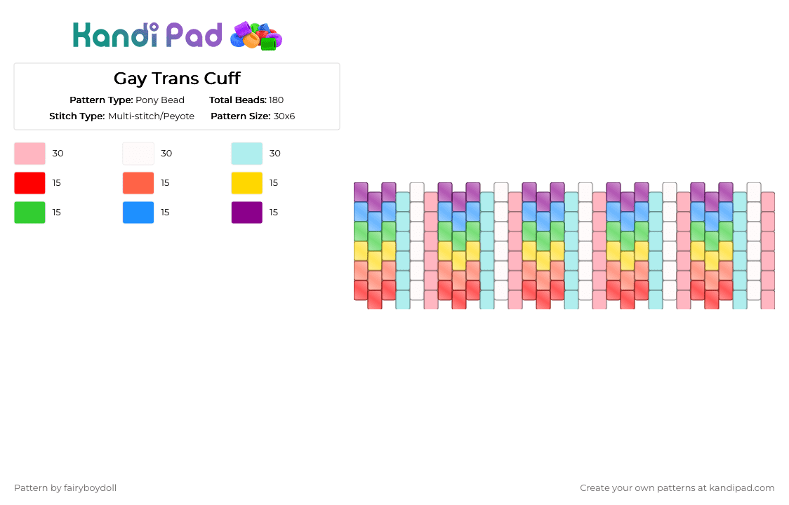 Gay Trans Cuff /Medium 30 - Pony Bead Pattern by fairyboydoll on Kandi Pad - gay, light blue, pink, pride, red, trans