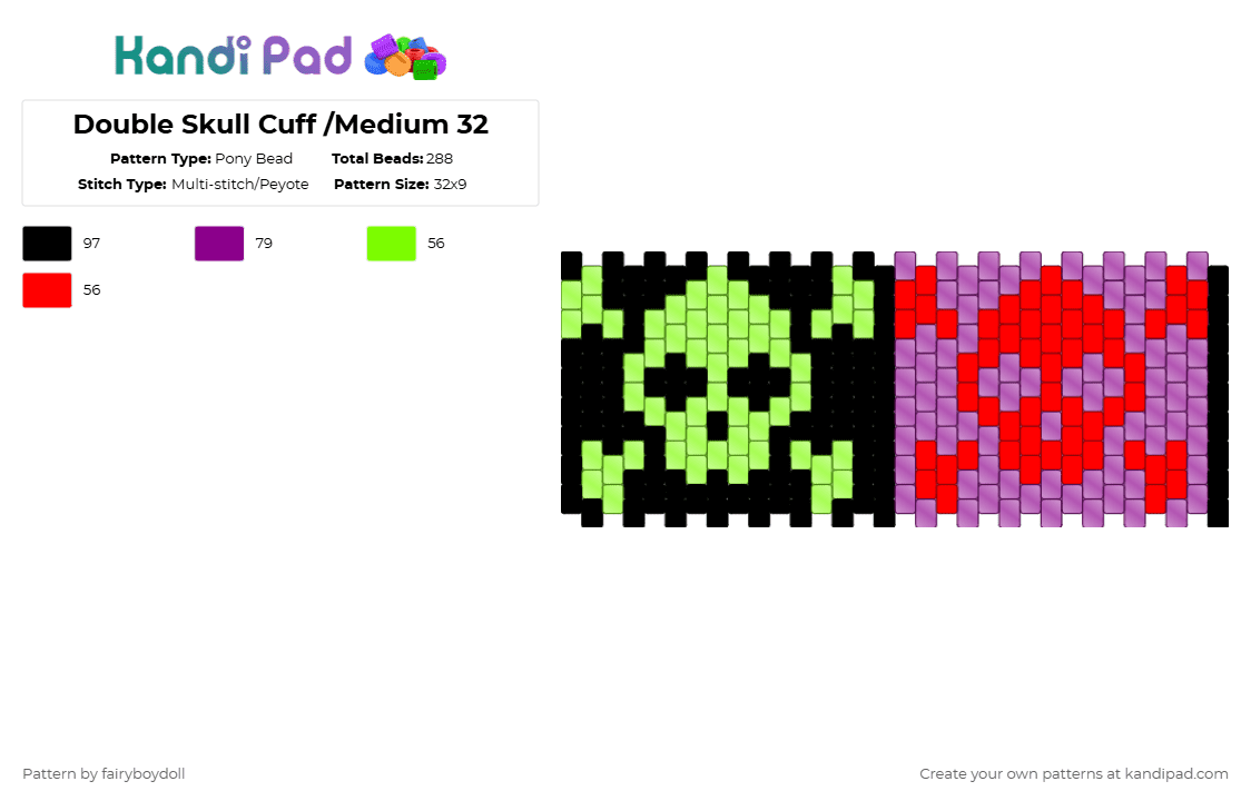 Double Skull Cuff /Medium 32 - Pony Bead Pattern by fairyboydoll on Kandi Pad - pink,skull,spooky,death,emo,goth,y2k,punk