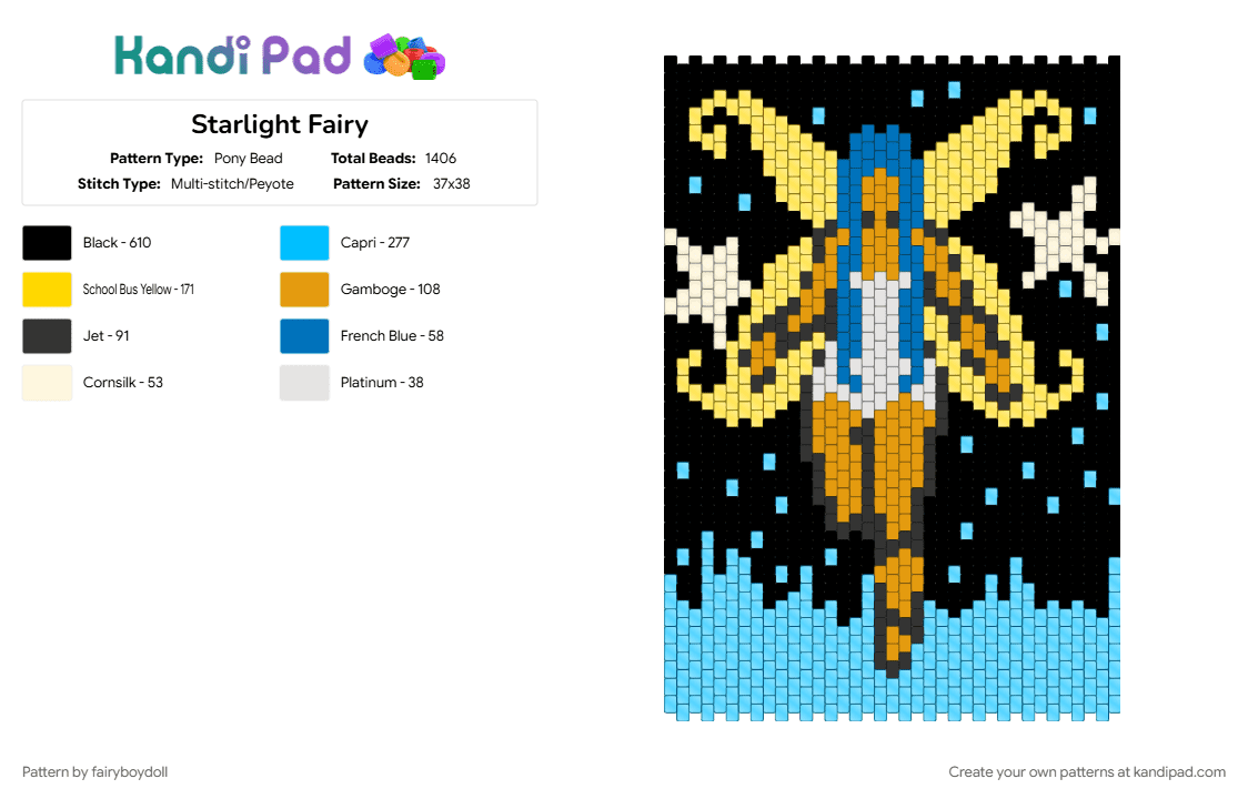 Starlight Fairy - Pony Bead Pattern by fairyboydoll on Kandi Pad - black, fairy, light blue, space, yellow