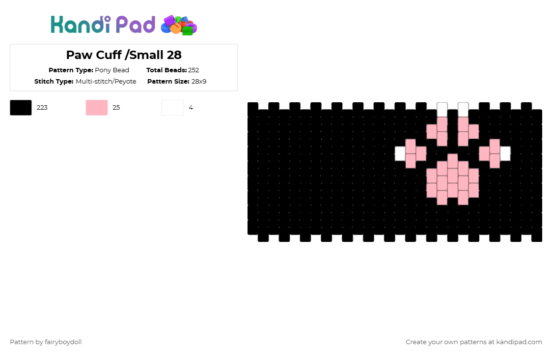 Paw Cuff /Small 28 - Pony Bead Pattern by fairyboydoll on Kandi Pad - black,pink,paw,cat,dog,furry