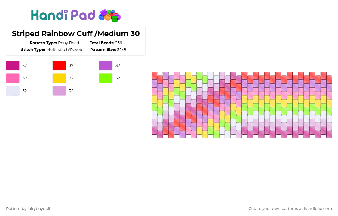 Striped Rainbow Cuff /Medium 30 - Pony Bead Pattern by fairyboydoll on Kandi Pad - pink,stripe,rainbow