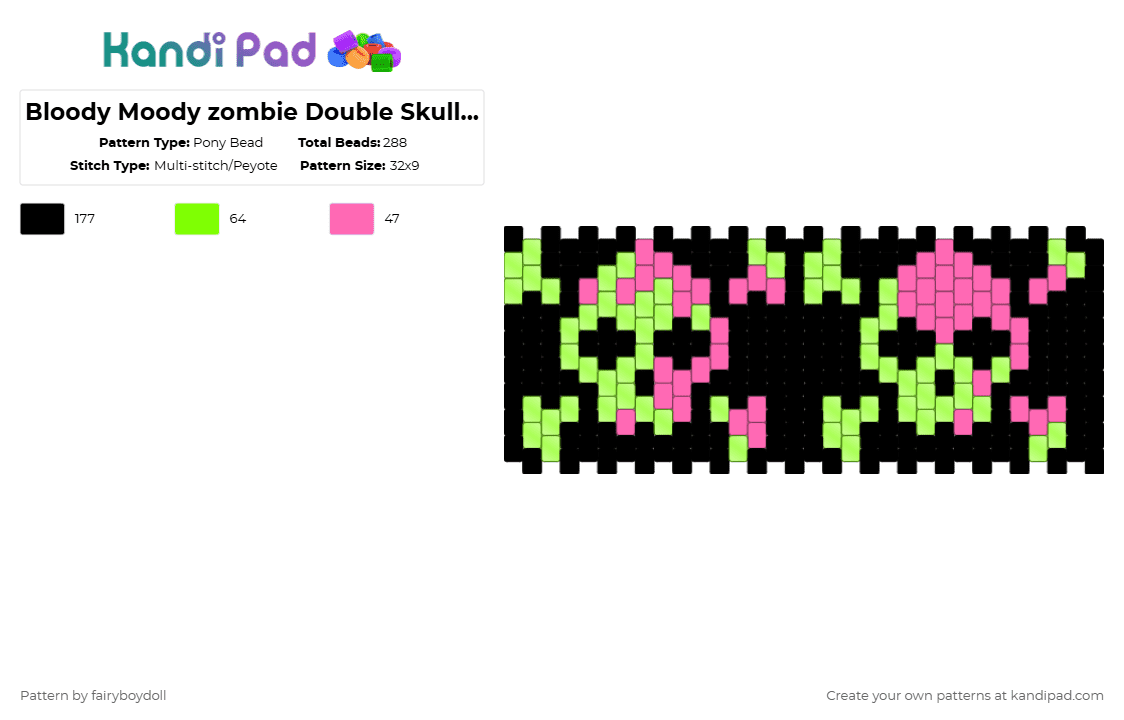Bloody Zombie Double Skull Cuff /Medium 32 - Pony Bead Pattern by fairyboydoll on Kandi Pad - pink,green,skull,spooky,punk,y2k,scene,emo,blood