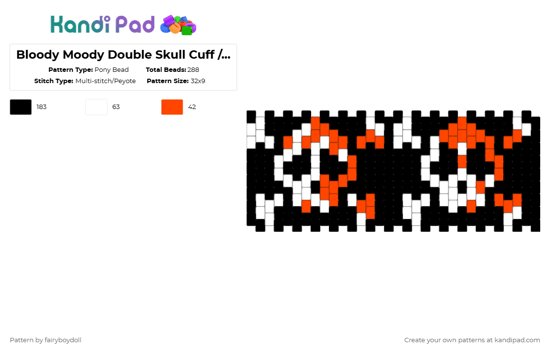 Bloody Moody Double Skull Cuff /Medium 32 - Pony Bead Pattern by fairyboydoll on Kandi Pad - black,red,white,skull,spooky,punk,y2k,scene,emo,blood