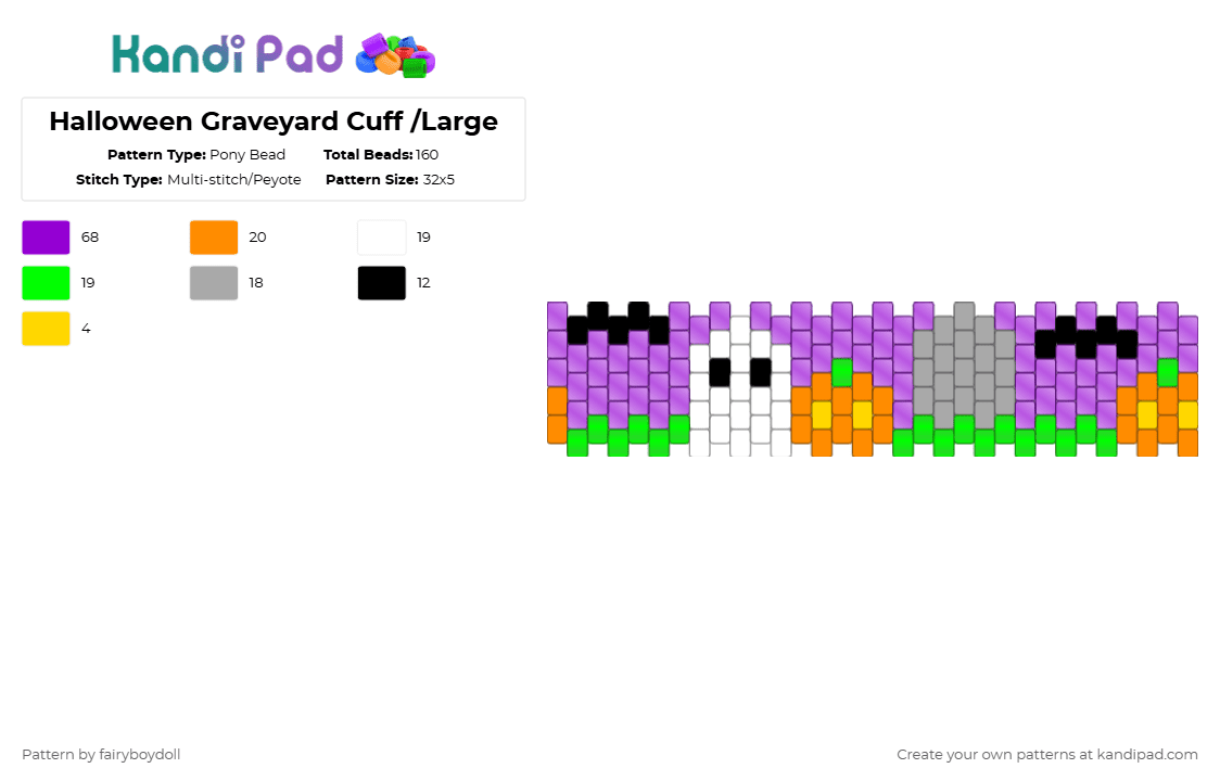 Halloween Graveyard Cuff /Medium 32 - Pony Bead Pattern by fairyboydoll on Kandi Pad - purple,halloween,ghost,pumpkin,graveyard,tombstone,jackolantern,bat