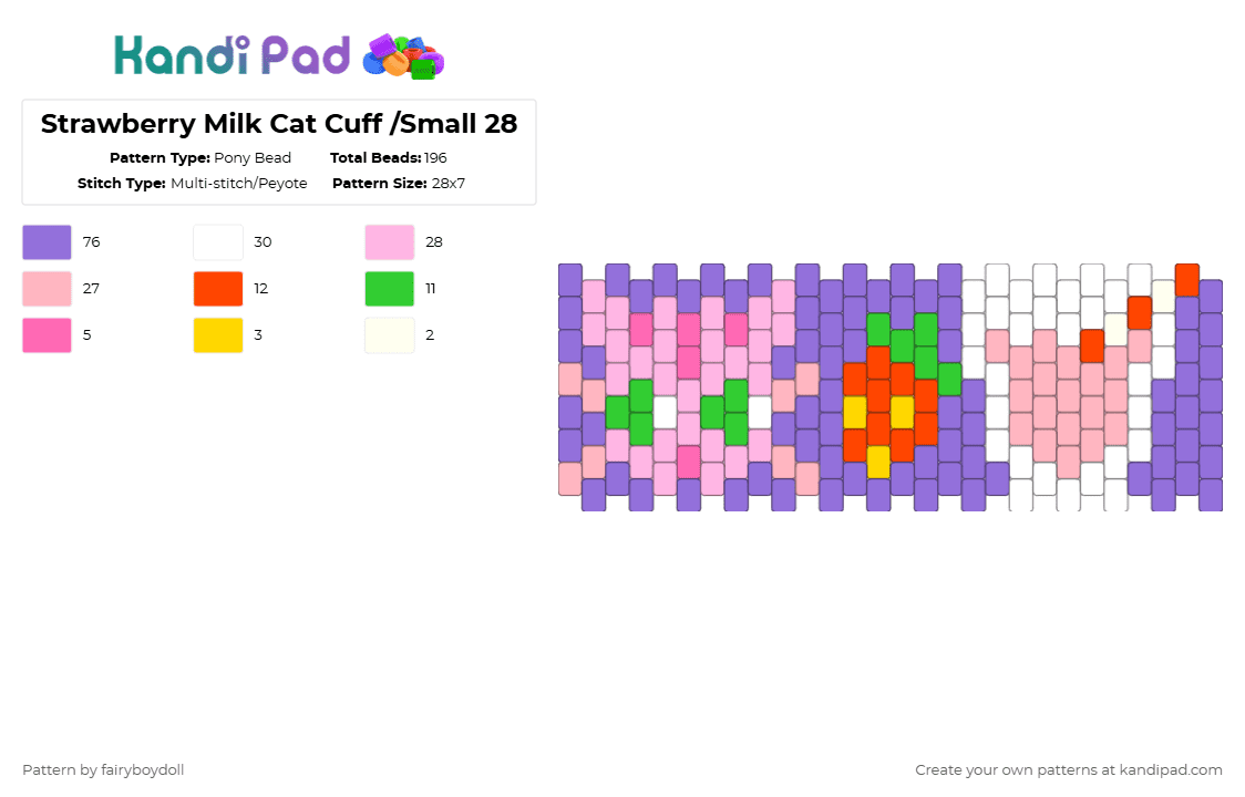 Strawberry Milk Cat Cuff /Small 28 - Pony Bead Pattern by fairyboydoll on Kandi Pad - purple,pink,strawberry,milk,cat,food