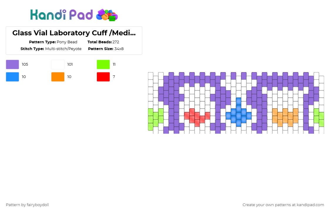 Glass Vial Laboratory Cuff /Medium 34 - Pony Bead Pattern by fairyboydoll on Kandi Pad - white,purple,cotdglass,glass,lab,science,potion