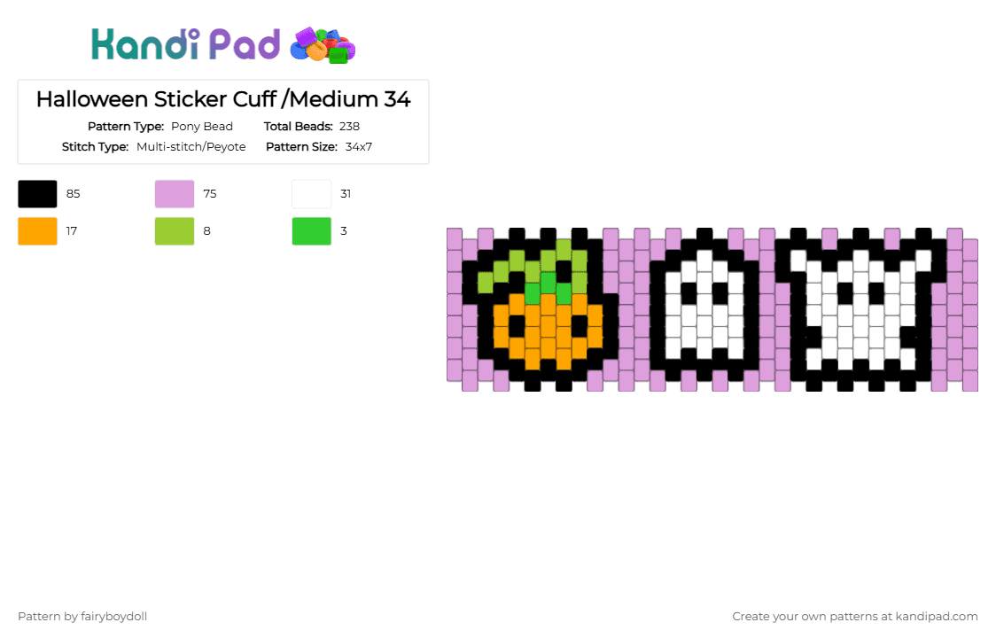 Halloween Sticker Cuff /Medium 34 - Pony Bead Pattern by fairyboydoll on Kandi Pad - ghost, halloween, jackolantern, pink, pumpkin, purple, spooky, sticker