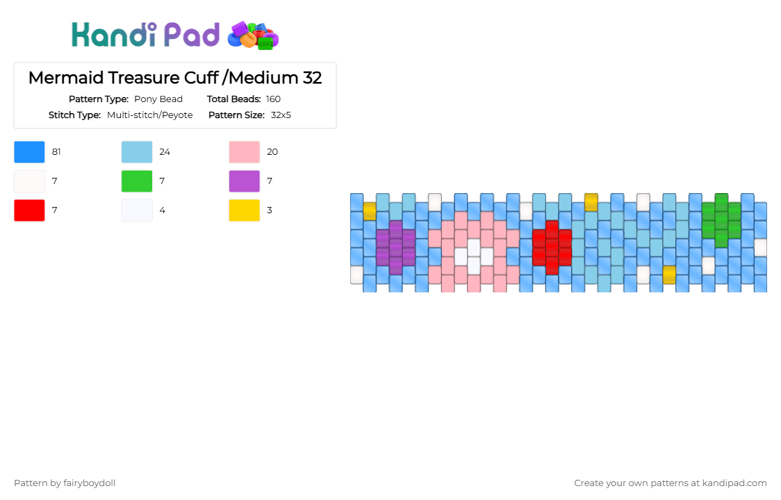 Mermaid Treasure Cuff /Medium 32 - Pony Bead Pattern by fairyboydoll on Kandi Pad - cotdmermaids, gems, light blue, mermaid, pearl, sea, treasure