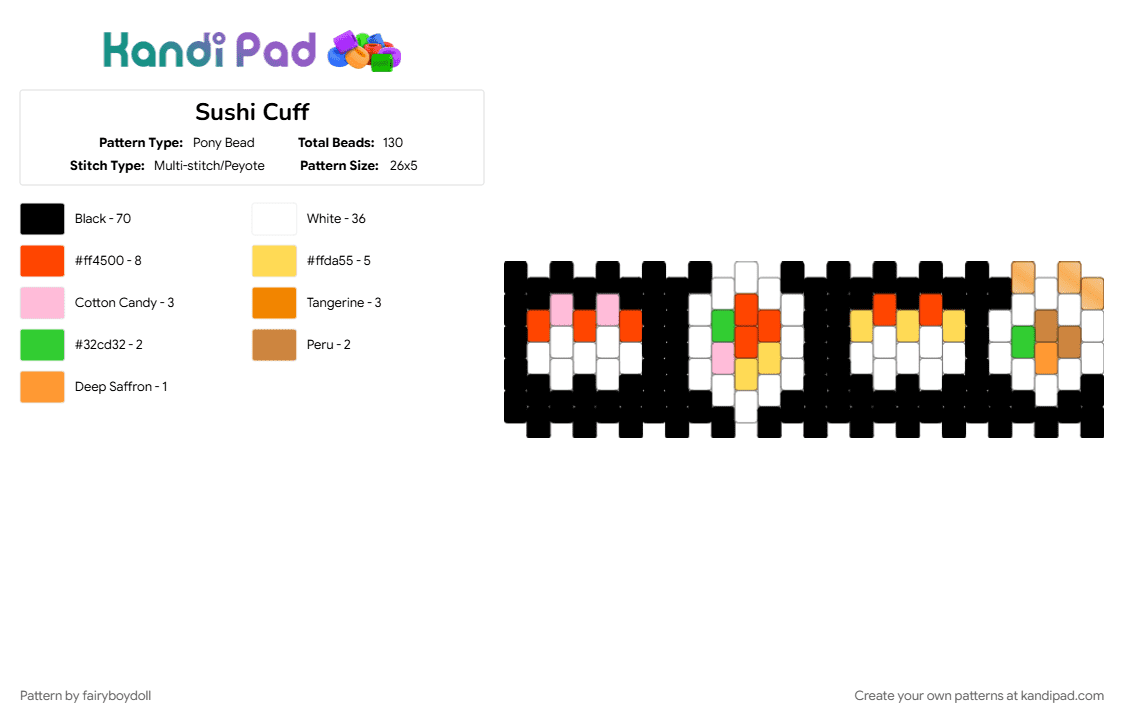 Sushi Cuff - Pony Bead Pattern by fairyboydoll on Kandi Pad - black, colorful, orange, red, white