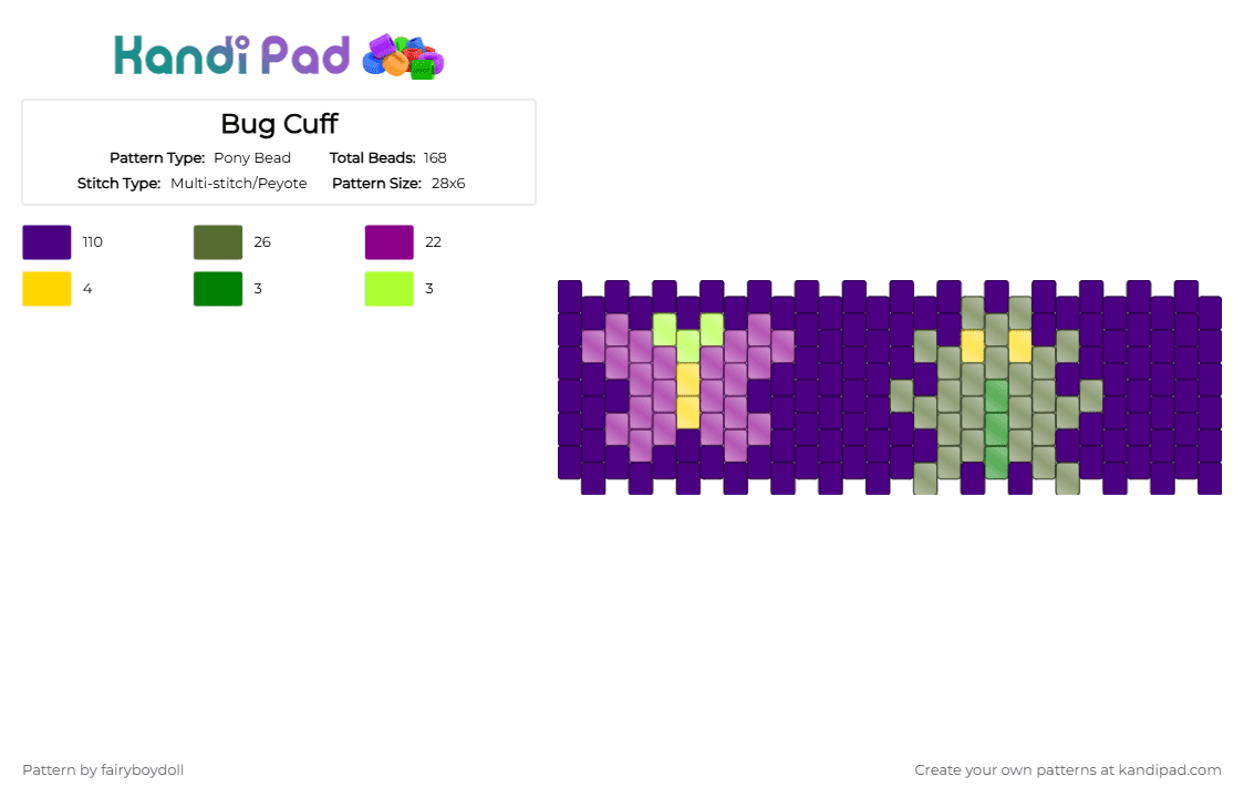Bug Cuff /Small 28 - Pony Bead Pattern by fairyboydoll on Kandi Pad - beetle, bug, butterfly, muted, nature, purple