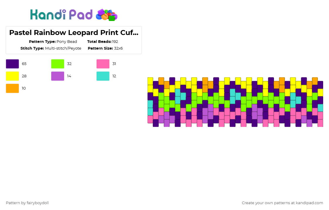 Pastel Rainbow Leopard Print Cuff /Medium 32 - Pony Bead Pattern by fairyboydoll on Kandi Pad - purple,green,pink,rainbow,leopard