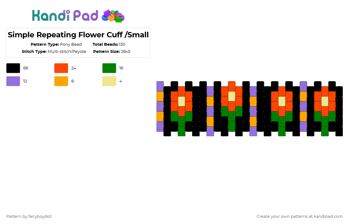Simple Repeating Flower Cuff /Small 26 - Pony Bead Pattern by fairyboydoll on Kandi Pad - black,green,red,purple,flower,pattern,nature,cute
