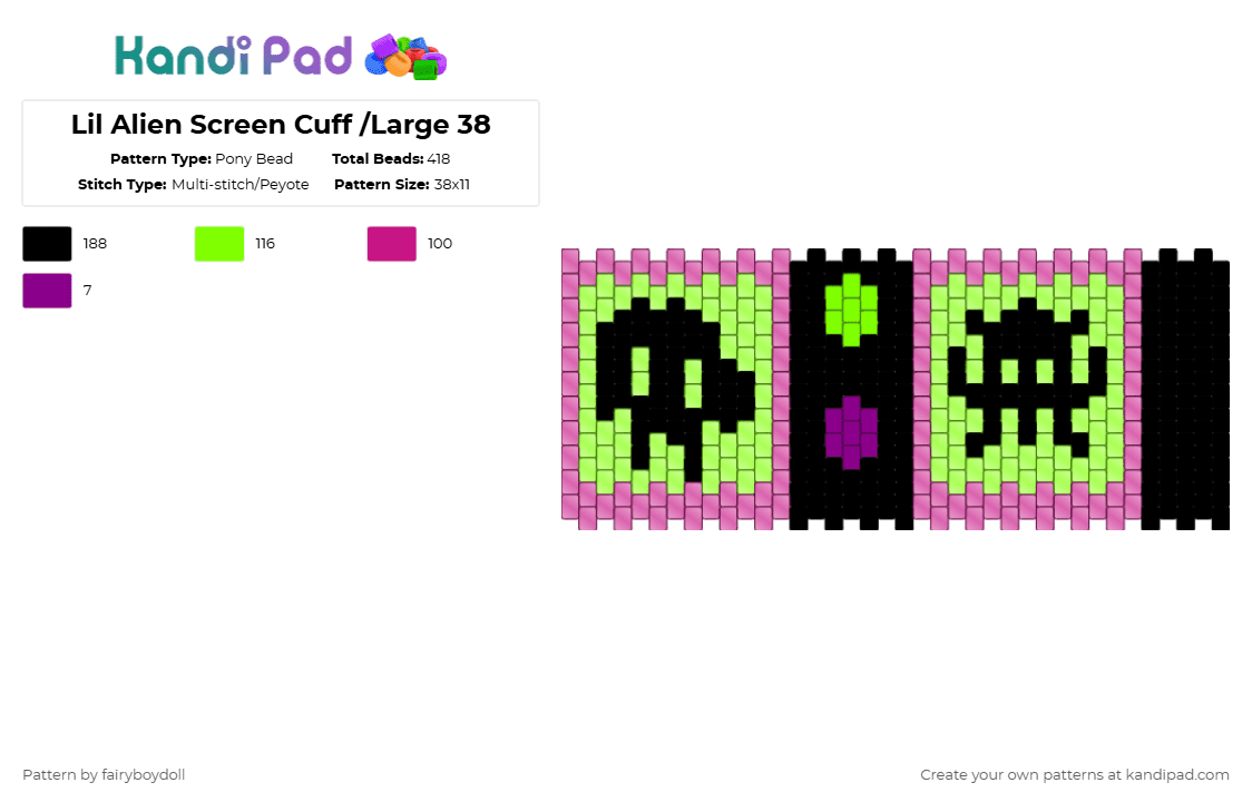 Lil Alien Screen Cuff /Large 38 - Pony Bead Pattern by fairyboydoll on Kandi Pad - green,pink,screen,alien,8bit,cyber,tech
