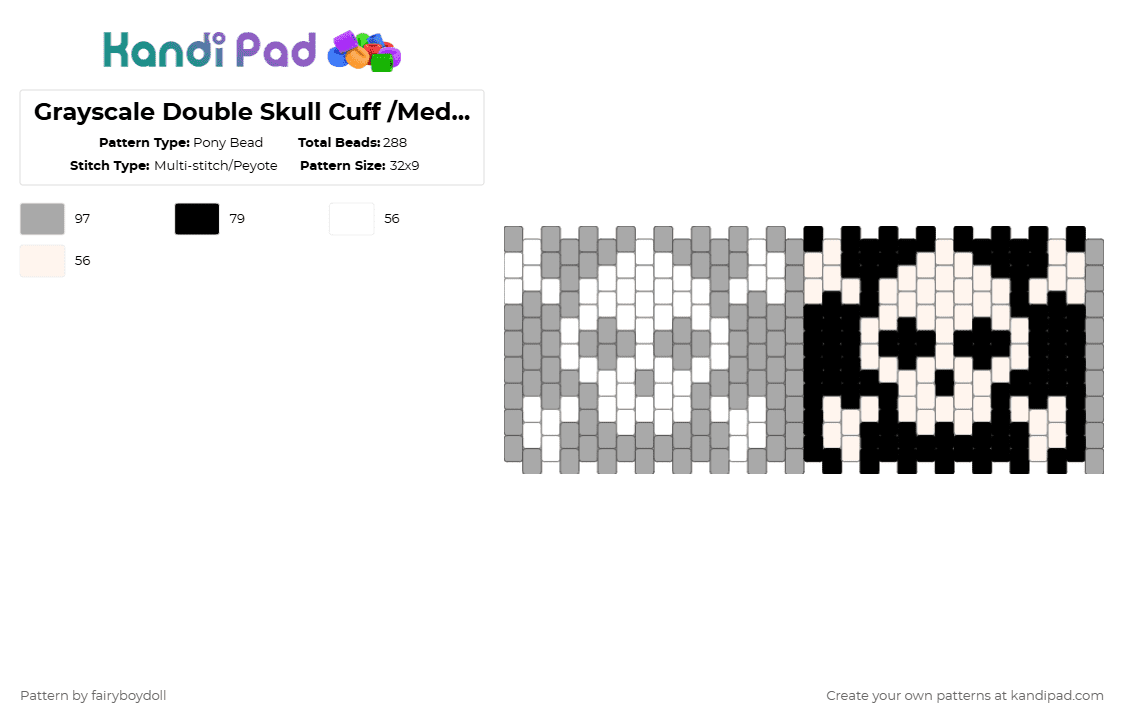 Grayscale Double Skull Cuff /Medium 32 - Pony Bead Pattern by fairyboydoll on Kandi Pad - beige,white,skull,emo
