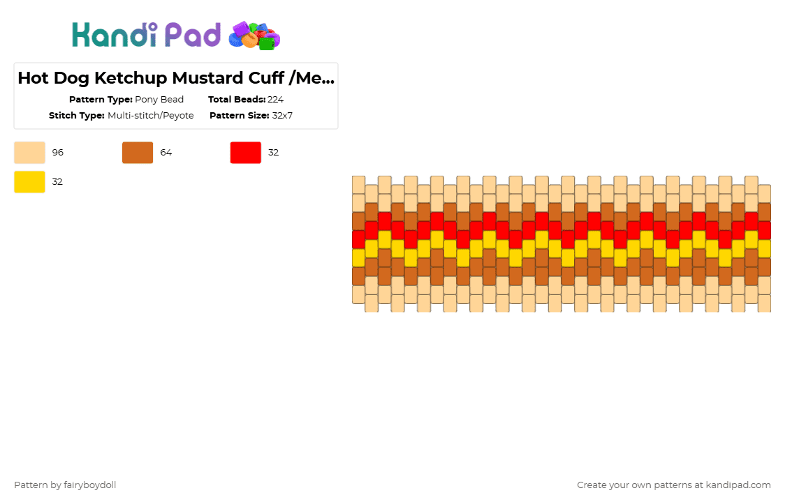Hot Dog Ketchup Mustard Cuff /Medium 32 - Pony Bead Pattern by fairyboydoll on Kandi Pad - ketchup,mustard,snack,meal,food,beige,orange,hot dog,lunch,silly