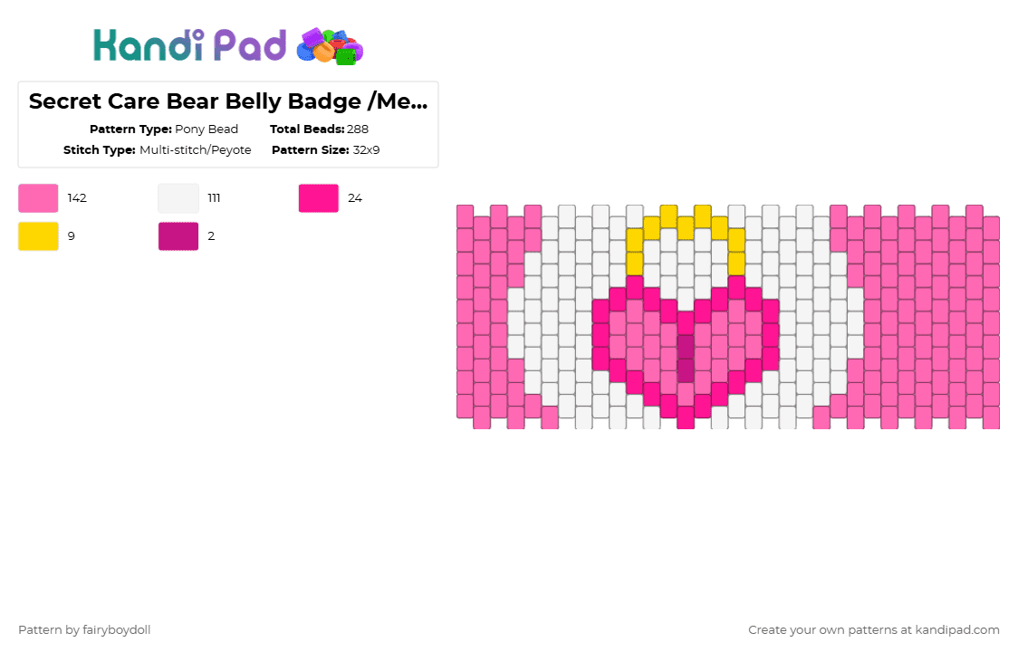 Secret Care Bear Belly Badge /Medium 32 - Pony Bead Pattern by fairyboydoll on Kandi Pad - pink,care bear,belly badge,secret,heart,lock