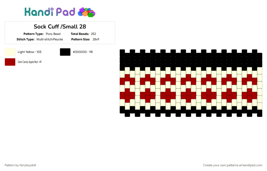 Sock Cuff /Small 28 - Pony Bead Pattern by fairyboydoll on Kandi Pad - red, white