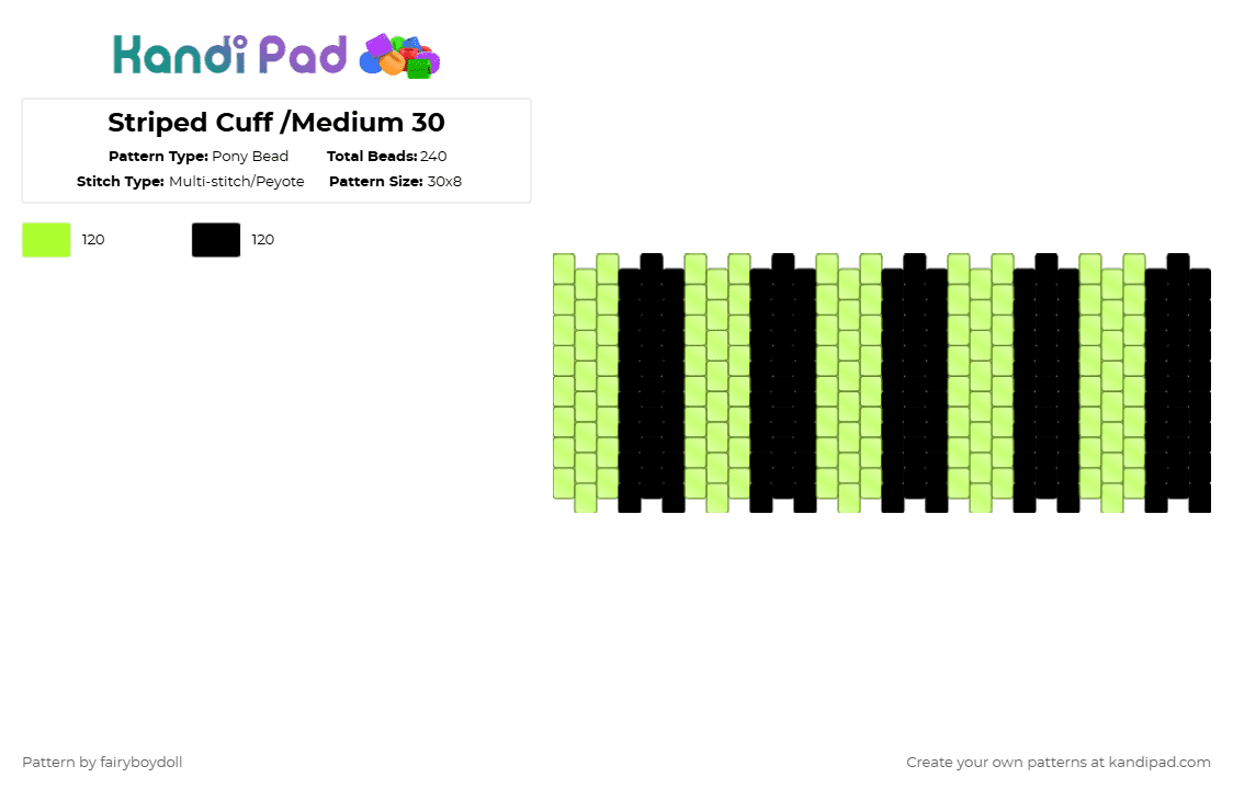 Striped Cuff /Medium 30 - Pony Bead Pattern by fairyboydoll on Kandi Pad - green,black,stripe
